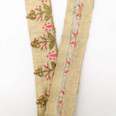 Beige Art Silk Trim In Pink And Gold Embroidery, Approx. 35mm wide, Decorative Trim